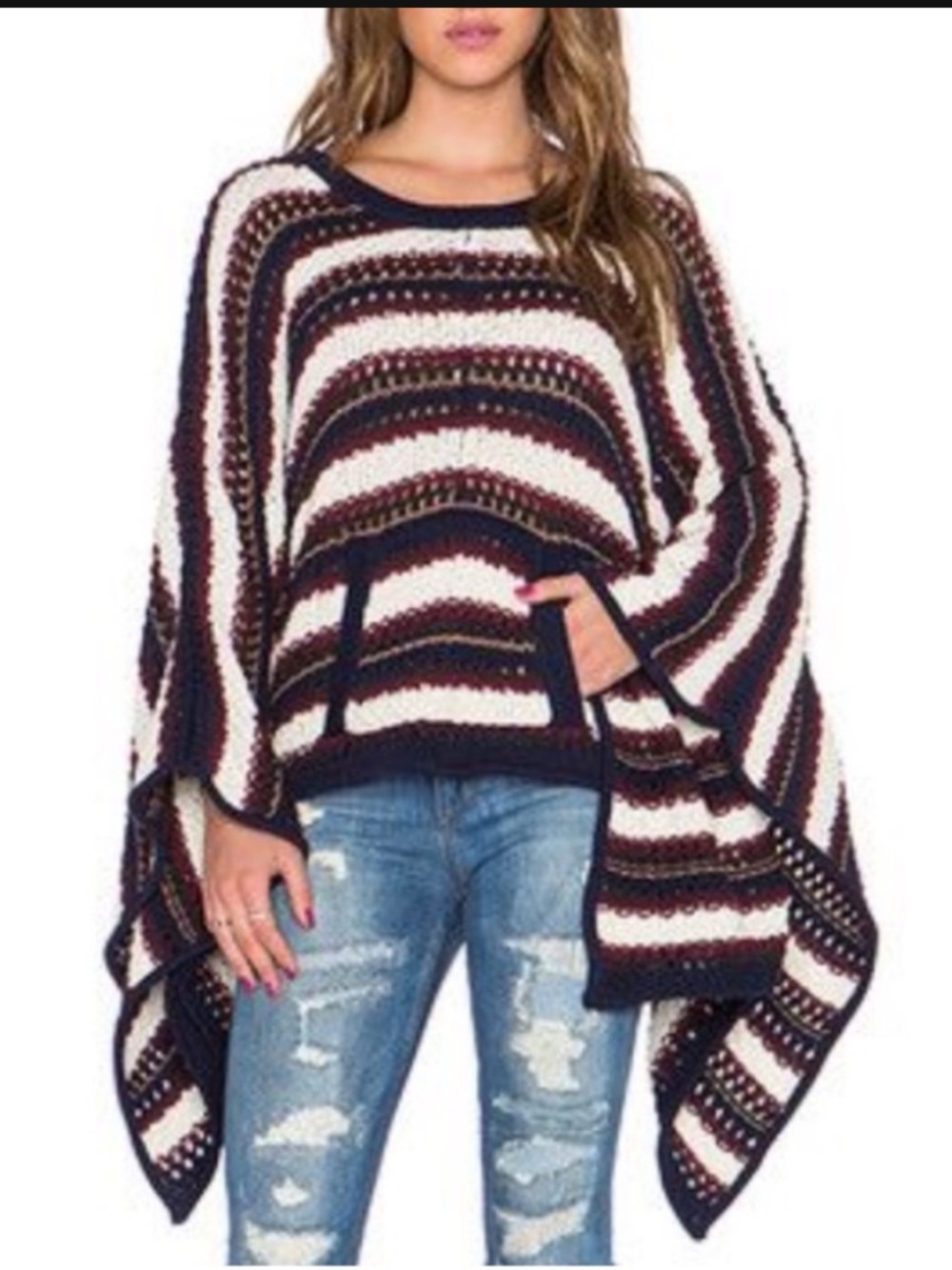 CHASER Kanga Crochet Poncho Sweater Burgundy Blue Cream Size L